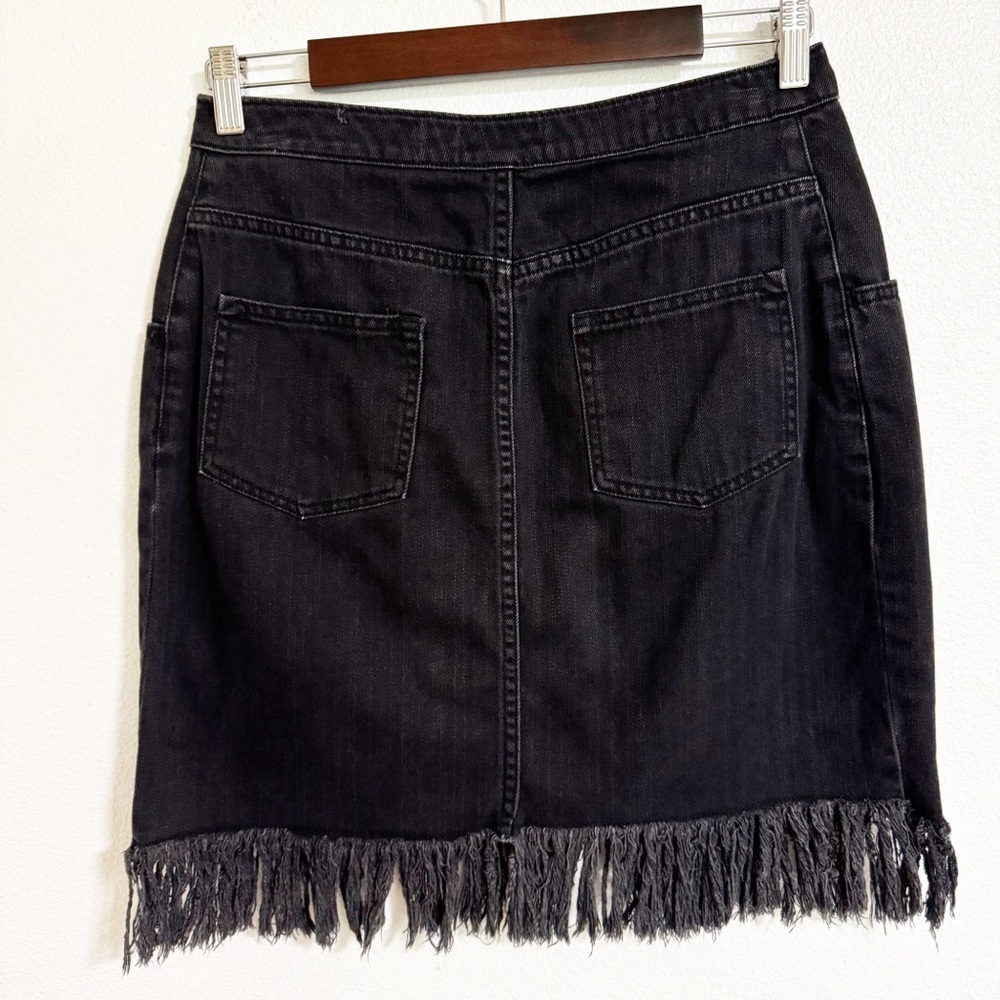 Anthro Pilcro Black Wash Fringe Trim Asymmetric Button Front Jean Skirt - Picture 3 of 12